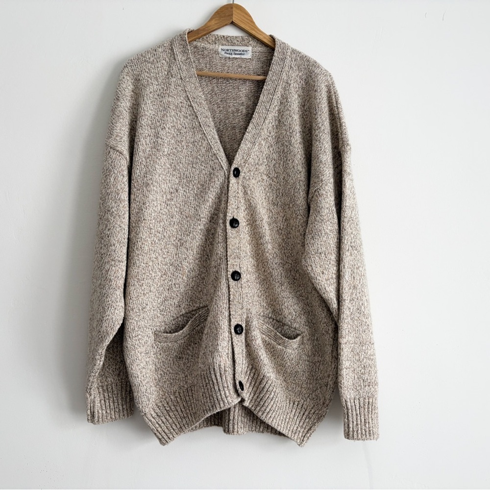 Vintage Northwoods Ragg Sweater Knit Cardigan, Beige, Size Large, Wool Blend